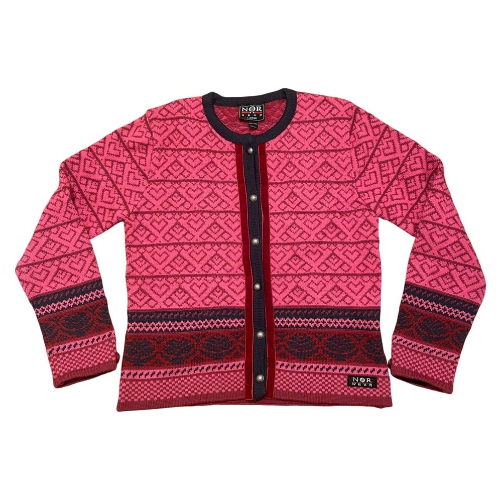 Vintage Fair Isle Wool Cardigan Pink Velvet Trim Silver Buttons Nor Wear Large